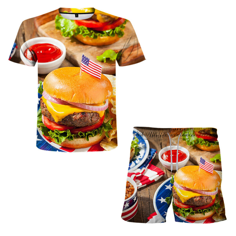 64 # Plus Größe männer Sets Sommer Amerikanische Flagge Burger 3d Druck Unabhängigkeit Tag Casual Anzug Party Outfit Sportswear kleidung