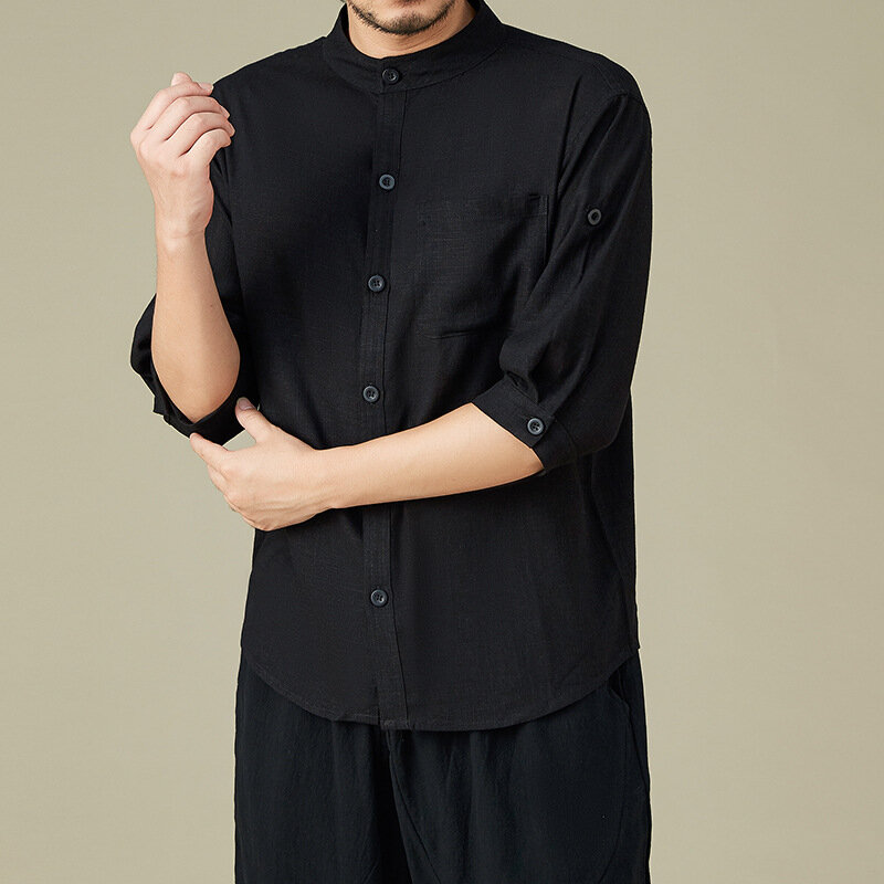 Camisa de lino de sección delgada para hombre, camisa informal de algodón y lino, transpirable, suelta, con cuello levantado, Mangas de tres cuartos