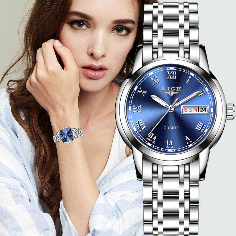 Женские наручные часы LIGE Top, повседневные Простые Стальные водонепроницаемые часы для девушек, 2020
