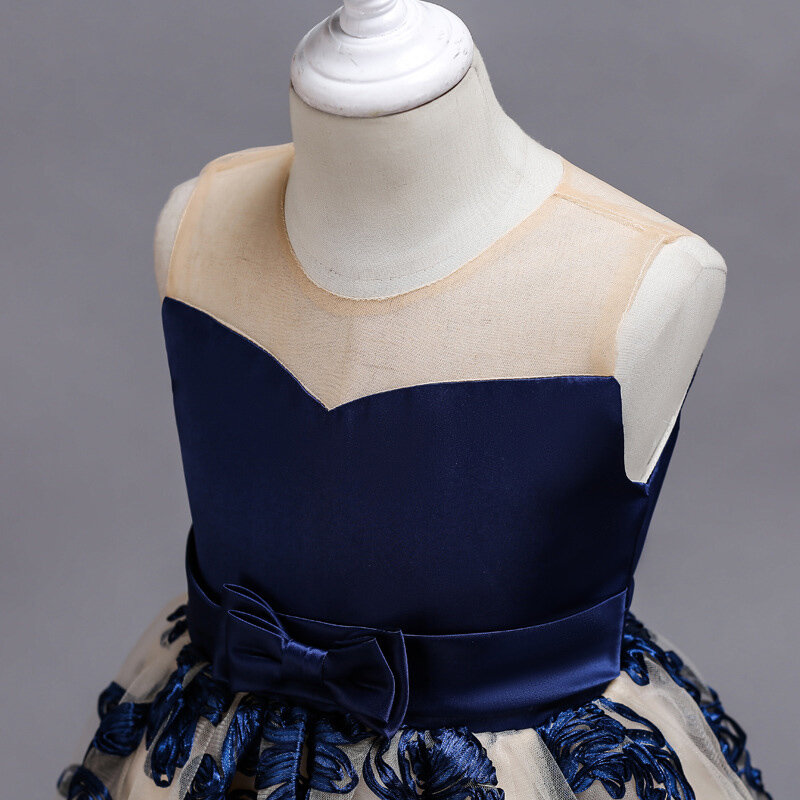 Flower Girls Dress Illusion senza maniche fiocco in pizzo blu scuro Tulle cristallo o-collo al ginocchio lusso per bambini abito da principessa F092