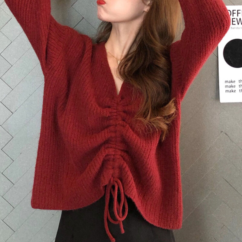 Sweter dan Pulover Wanita Musim Gugur Kaus Lengan Panjang Berlipat Leher V Rajutan Baru Blus Warna Solid Wanita Fashion Gaya Korea