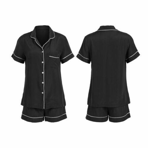Conjunto de pijama feminino casual de verão, camiseta e calça de cetim de seda com botão, manga curta, preto e azul