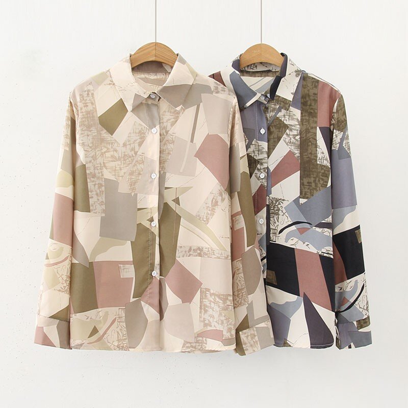 Женская блузка с длинным рукавом, свободная Тонкая блузка в ретро-стиле с геометрическим принтом и отложным воротником, весна-лето 2020
