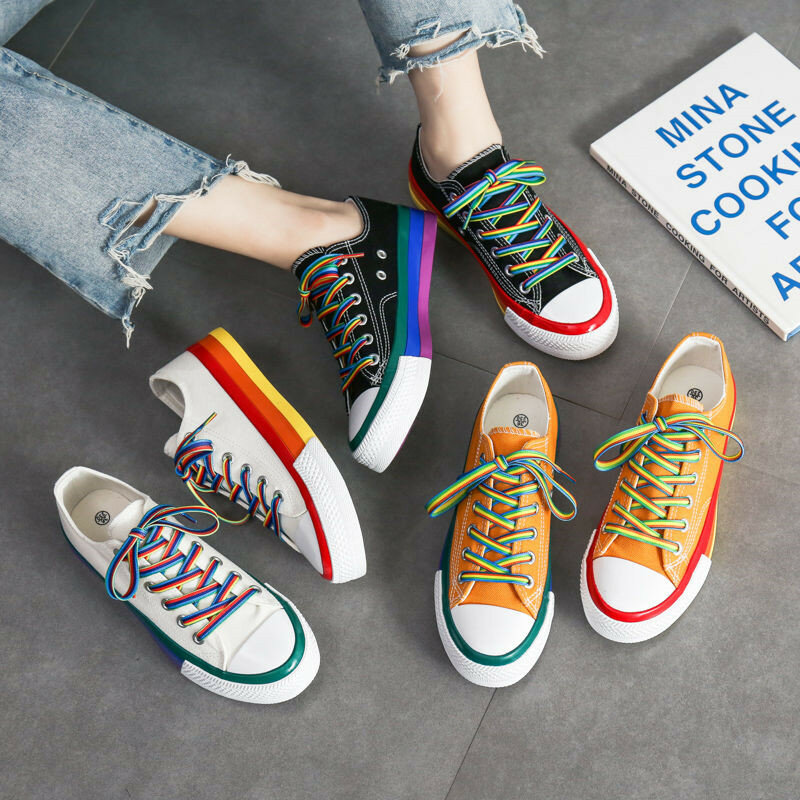 حذاء رياضي نسائي من قماش Harajuku بألوان قوس قزح ، حذاء رياضي مسطح ومنخفض ، عصري ، أصفر ، ملابس الشارع للطلاب ، أبيض ، 2020