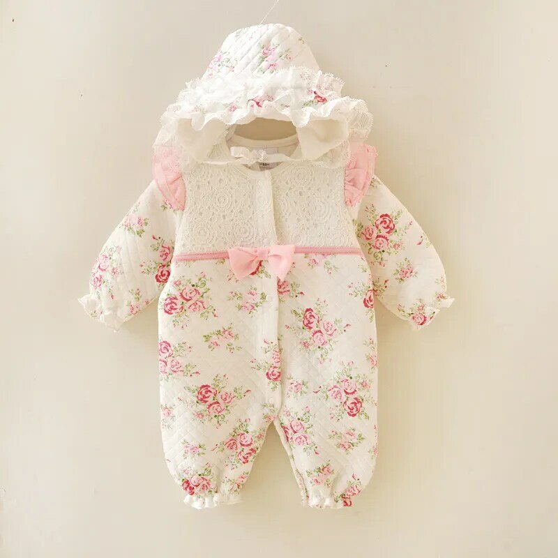 Зимняя одежда для новорожденных девочек, утепленный Цветочный комбинезон принцессы, комплекты одежды для девочек, боди + шапки