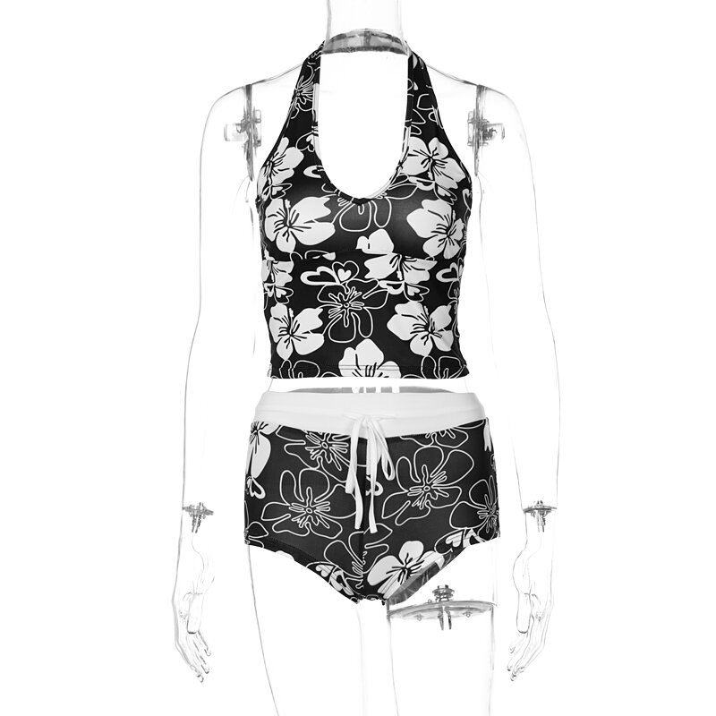 Sommer Neue Stil Halter Backless Druck 2-Stück Shorts Set Für Frauen Kleidung Clubwear Bademode bademode Badeanzug Zwei stück