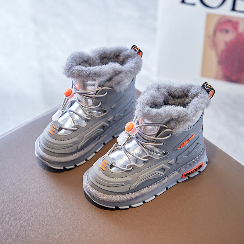 ในฤดูหนาวเด็กผู้หญิง PU Snow Boots ผ้าปูที่นอน Flush รองเท้าผ้าใบ Cool Boys กีฬาสีดำรองเท้าผ้าฝ้ายรองเท้ากั...