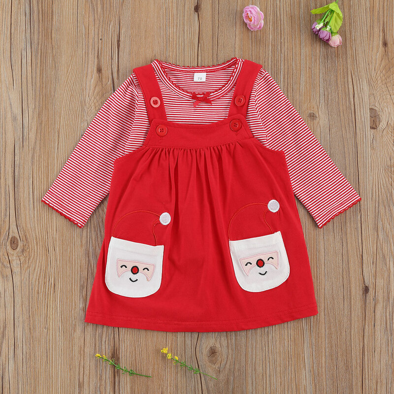 Toddler Infant Newborn Baby Girl Clothes Set Autumn Long Sleeve Red Striped T-shirt Santa Clause Strap Skirt Outfits Clothing