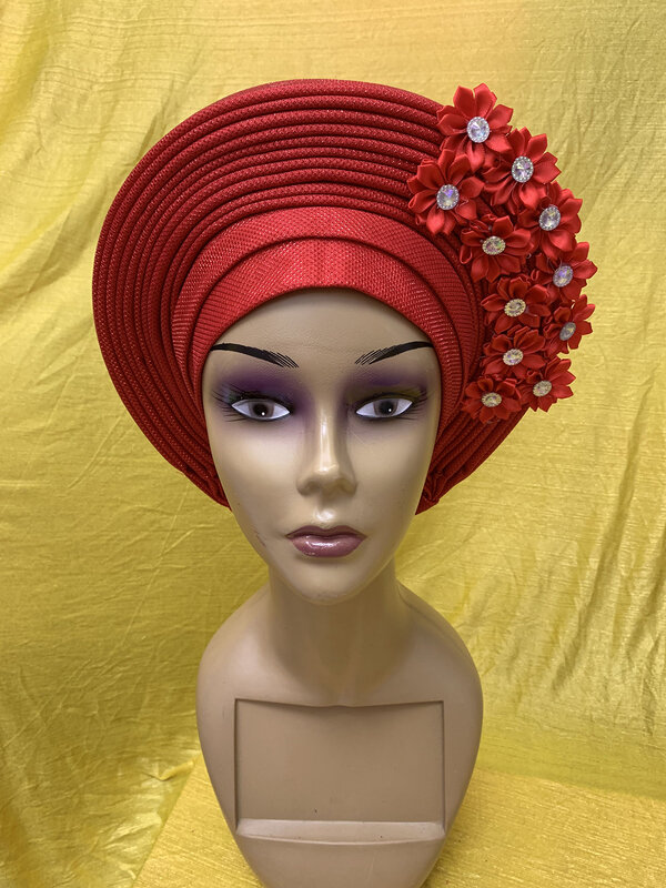 Aso oke nigeriano con piedras para mujer, turbante para mujer, chal africano, diademas con cuentas, tela para costura de sombreros para fiesta