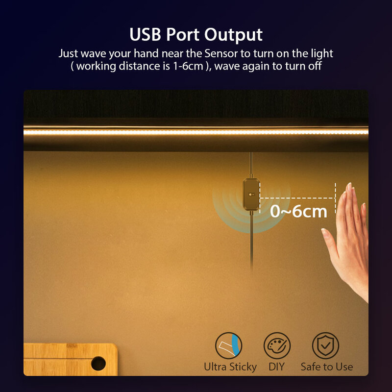 Suntech, Strip Led USB 5V dengan Sensor, Strip LED Lampu Dioda Cahaya Sensor Sapu Tangan untuk Lampu Latar TV, Dapur, Lemari Pakaian
