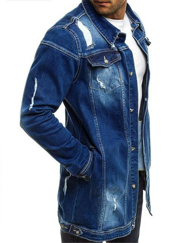 2021 봄 가을 구멍 남성 블루 데님 재킷 코튼 탄성 청바지 코트 남성 브랜드 의류, 신제품