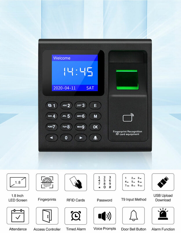 Sistem Keypad Kontrol Akses RFID Sidik Jari Biometrik Elektronik USB Mesin Absensi Perekam Jam Waktu + 10 Kartu Kunci Fob