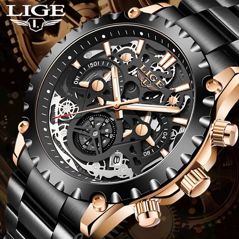 ساعات معصم للرجال من LIGE Relogio Masculino 2021 جديدة من أفضل العلامات التجارية الفاخرة ساعات كرونوغراف ذهبية للرجال ساعة يد رجالية كبيرة ذهبية
