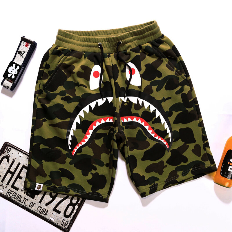 2021 Summer Bape high-quality Shark Head High Street Terry Capris  Camouflage PANTS  Harajuku Sports Shorts Printed Clothes