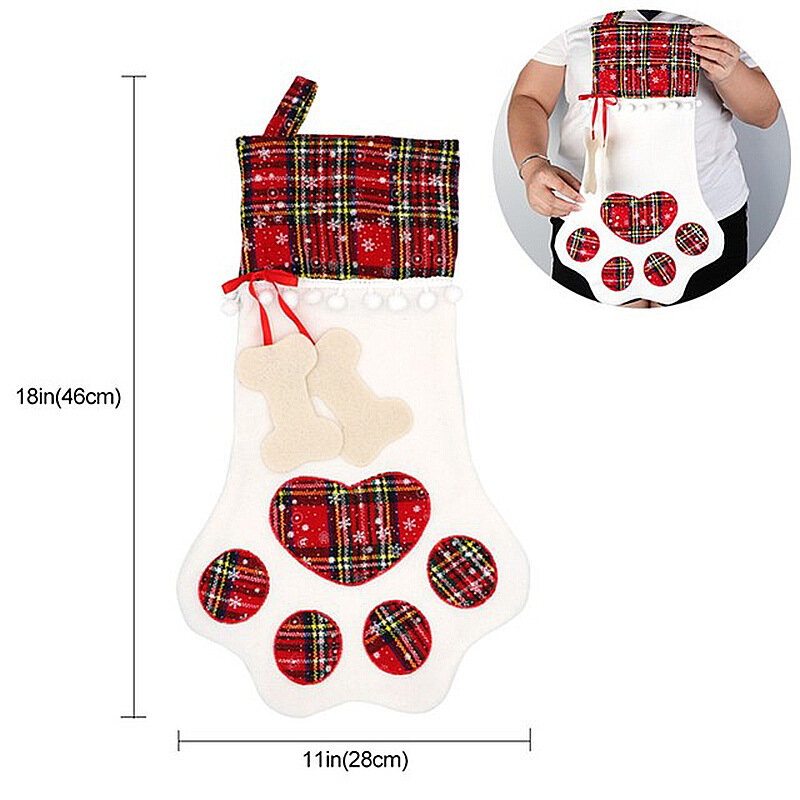 18'' Large Personalized Pet Christmas Stocking Cat Dog Named Paw Pattern Hanging Stockings for Xmas Tree Decorations