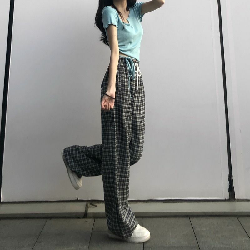 Calças femininas harajuku, pijamas de perna larga de grandes dimensões, cintura alta, estilo coreano, xadrez, calças de perna larga primavera/verão 2021