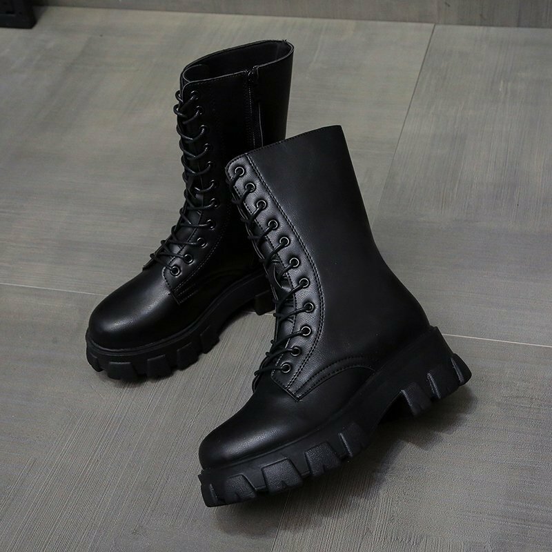 2020 Spring Women White Boots Autumn Fashion Black Leather Platform Gothic Boots Punk Combat Mid-Calf Boots for Women