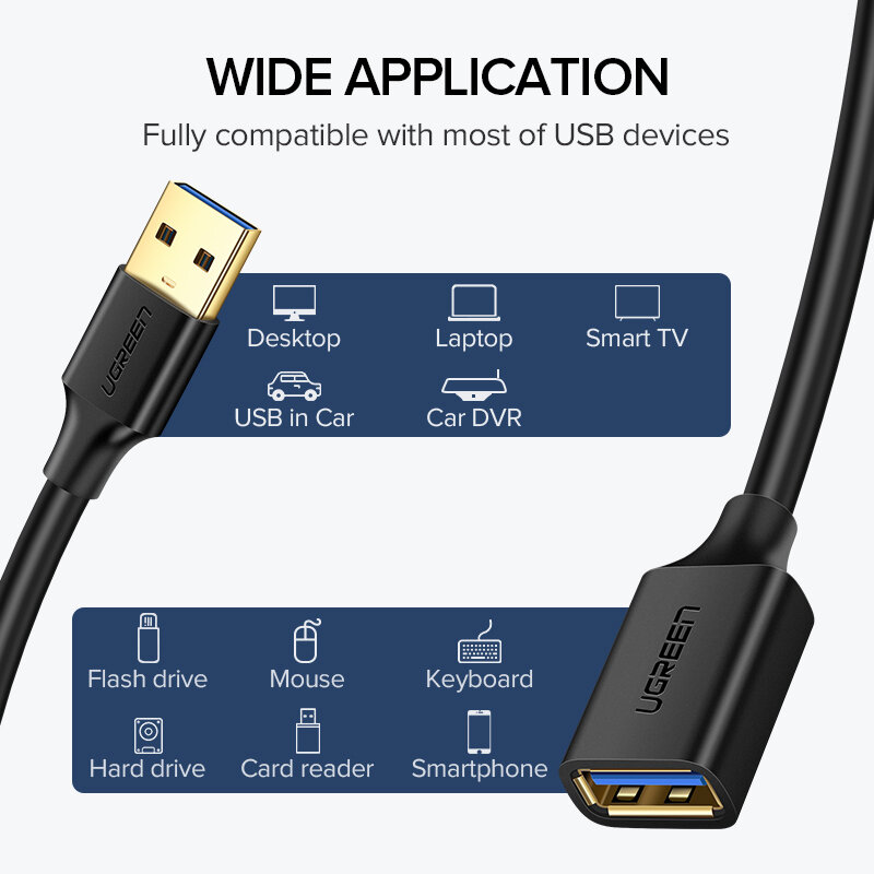 UGREEN-Cable de extensión USB 3,0, Mini extensor de velocidad rápida para ordenador portátil, TV, Xbox, One, SSD, 3,0, 2,0