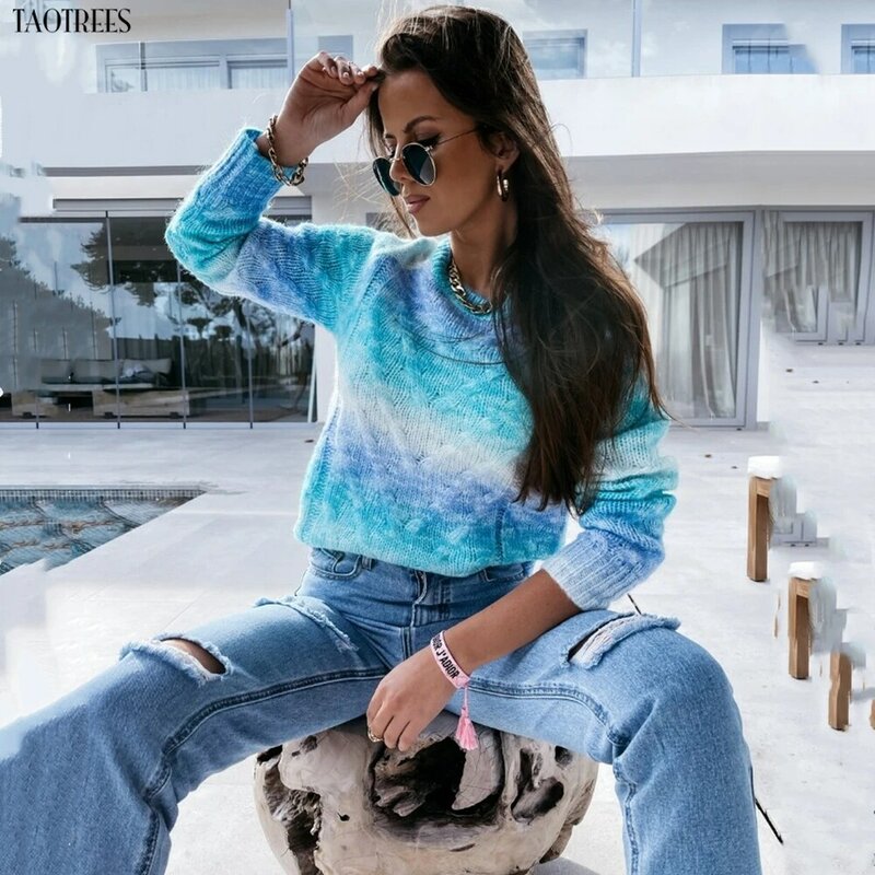 Taotrees Blue And Green Tie-Dye Pattern Sweater Round Collar Long Sleeve Tops Fashion Outwear Ladies Knitted Pullover Coat
