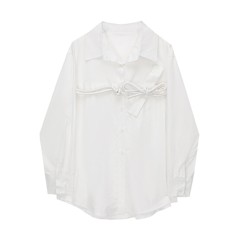 Laço camisa feminina do vintage elegante manga longa lapela solto escritório senhoras blusa feminina ins blusas de rua camisas chique topo