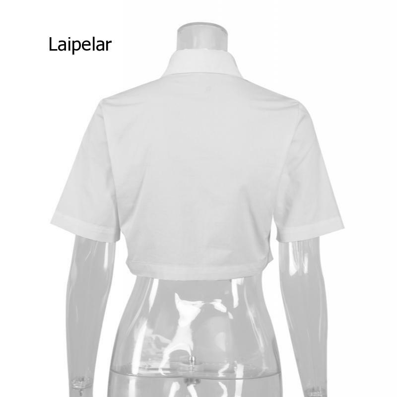 Chemisier blanc à col rabattu pour femmes, haut court décontracté à simple boutonnage, chemise de bureau à manches courtes, nouvelle collection printemps 2021