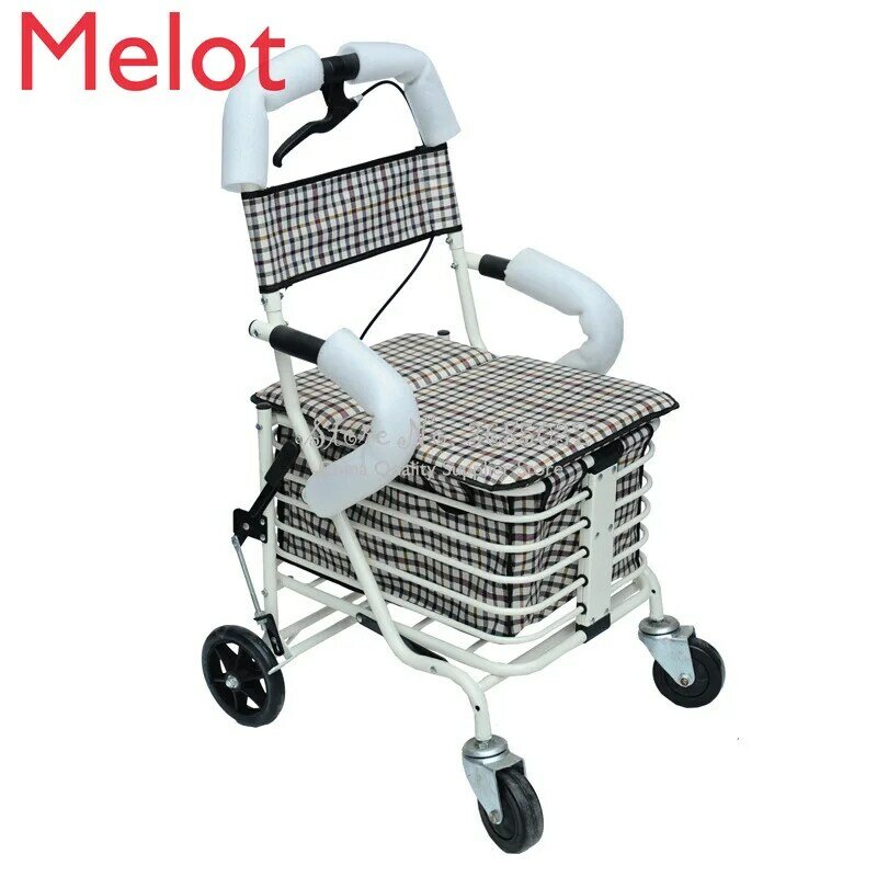 Chariot de courses pliable pour personnes âgées, avec siège, chariot d'épicerie à quatre roues, sacs de rangement