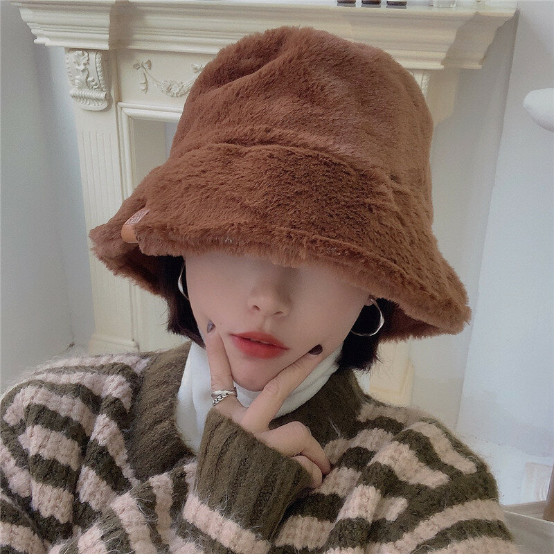 Japońska jesienno-zimowa nowa torebka typu Bucket Hat słodka śliczna na wszystkie mecze pluszowa czapka damska w koreańskim stylu gruby ciepły kapelusz wiadro