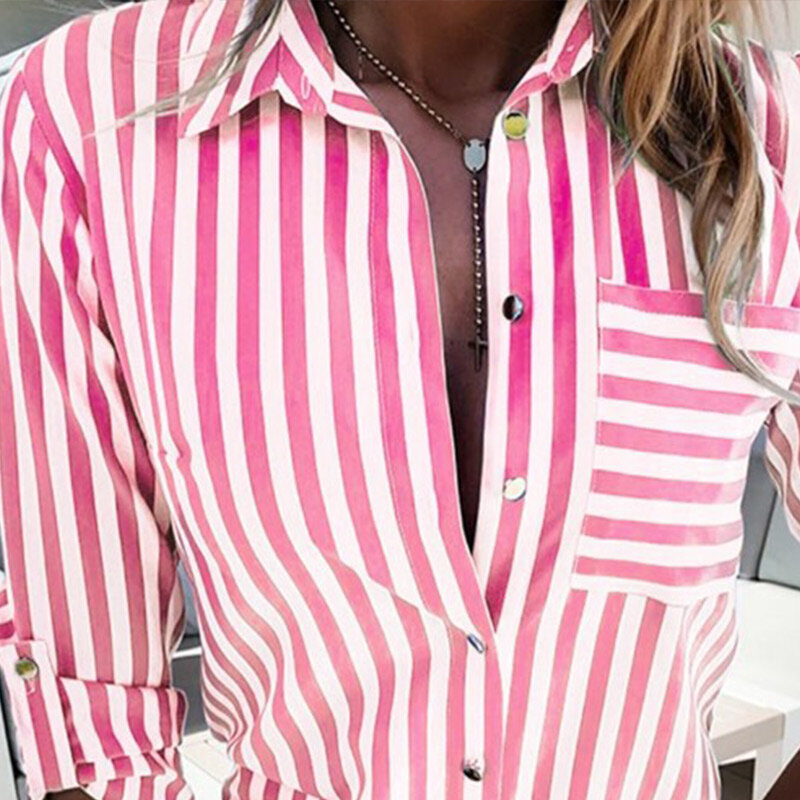 Design Striped Pocket Women Shirts Single Breasted Turn Down Collar Long Sleeve Female Shirt Summer Fashion Office Lady Tops