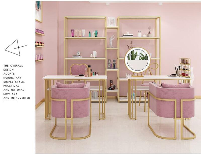 Conjunto nórdico de nano cadeiras para salão de beleza, conjunto dourado de mesa e sofá, prateleira dupla para manicure