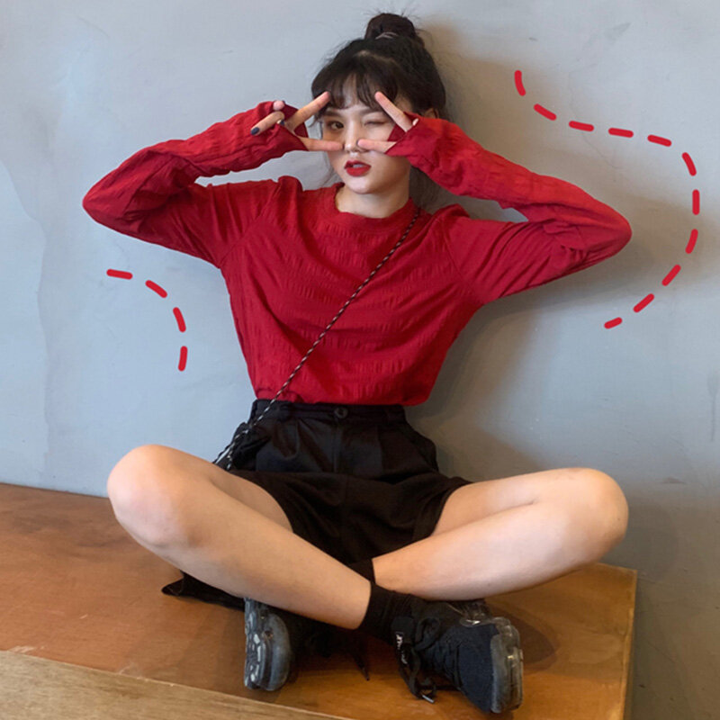 Frühling 2020 Neue Koreanische Stil Plissee Reine Farbe Alle-Passenden Bodenbildung Shirt Top Internet Celebrity Lose Lange Hülse Sonne