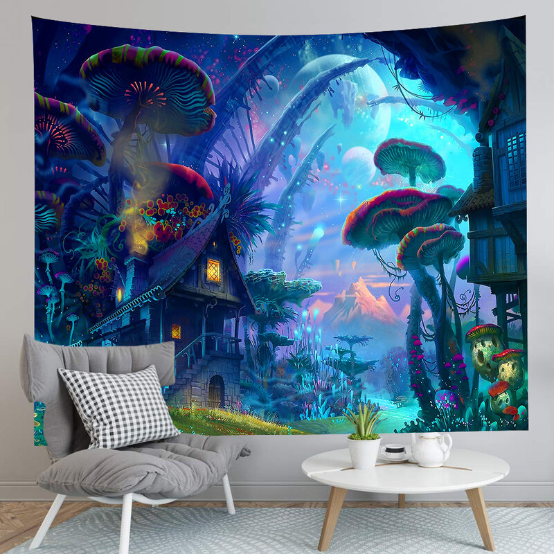 Simsant Mushroom Forest Castle Tapestry Fairytale Trippy Colorful Butterfly Wall Hanging Tapestry for Home Dorm Fantasy Decor