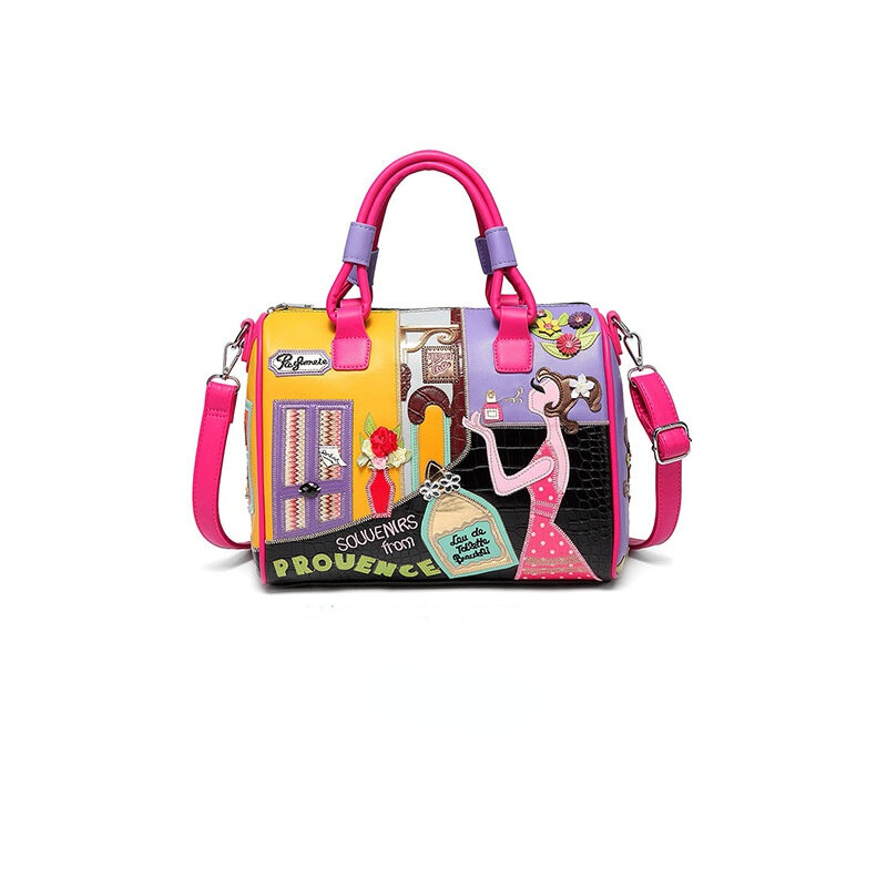 Bolso de mano de cuero PU con bordado de dibujos animados para mujer, bolsa de mensajero creativa de Boston, bolso de hombro de gran capacidad, bolso de mano informal