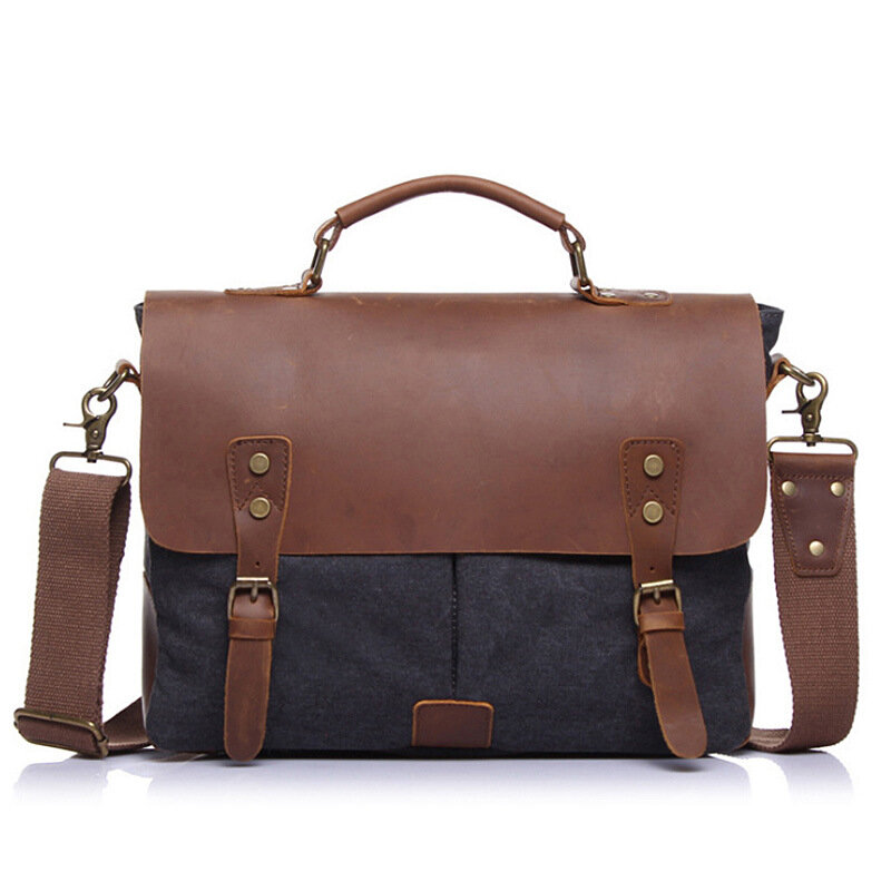 Retro Men's Briefcase Canvas Laptop Bag Crossbody Bag with Crazy Horse Leather