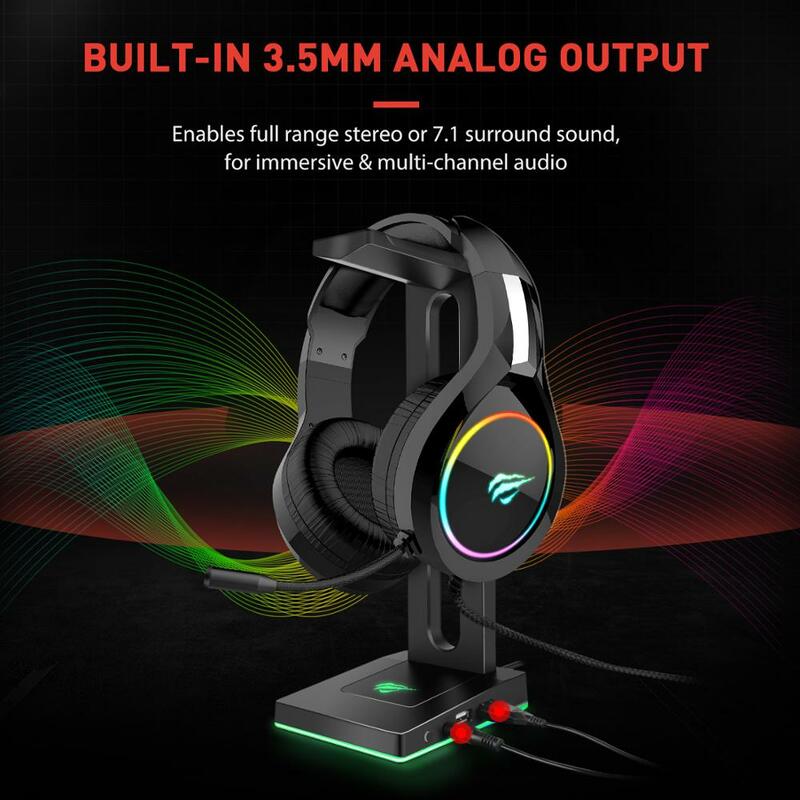 Havit RGB Headset Stand Dengan 3.5Mm AUX dan 2 Port USB Penahan Headphone untuk Gamer Gaming PC Aksesori Meja Hitam dan Putih