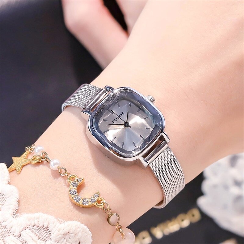 Rose Gold Frauen Mode Luxus Uhren Retro Platz Damen Armbanduhren Drop Shipping Silber Stahl Mesh-Armband Weiblichen Uhr