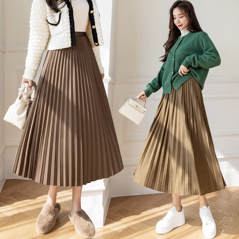 Wisher&Tong Pleated Skirt Women Vintage Black Skirt Elastic High Waist Midi Knitted Skirt Korean Female Autumn Winter 2021