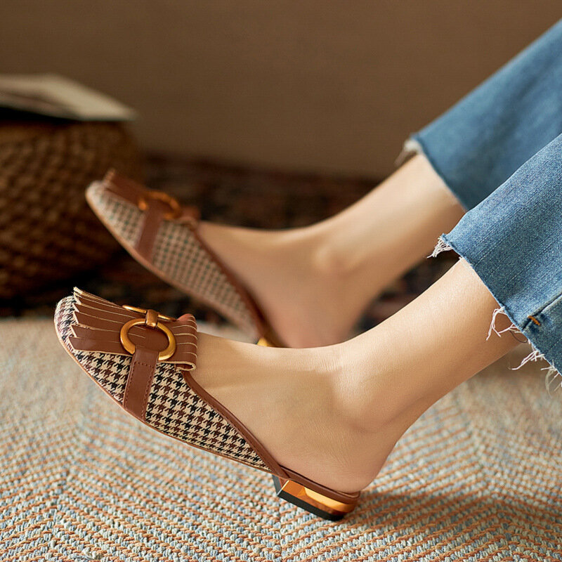 Baotou – sandales à pampilles rétro légères pour femmes, chaussures à talon plat vide, sandales confortables avec boucle en métal français, KM283, nouvelle collection 2021