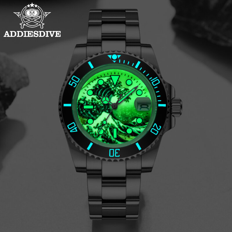 Addies Dive-새로운 스타일 남성 서핑 시계, 슈퍼 야광 다이얼 200m 다이버 시계 블랙 세라믹 베젤 NH35 자동 기계식 시계