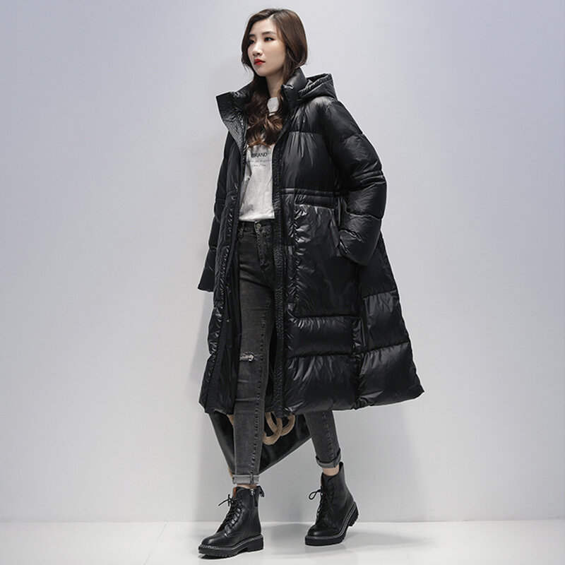 Inverno de cintura alta drawstring outwear com capuz pena solta longa jaqueta feminina alta qualidade 90% pato branco para baixo casaco
