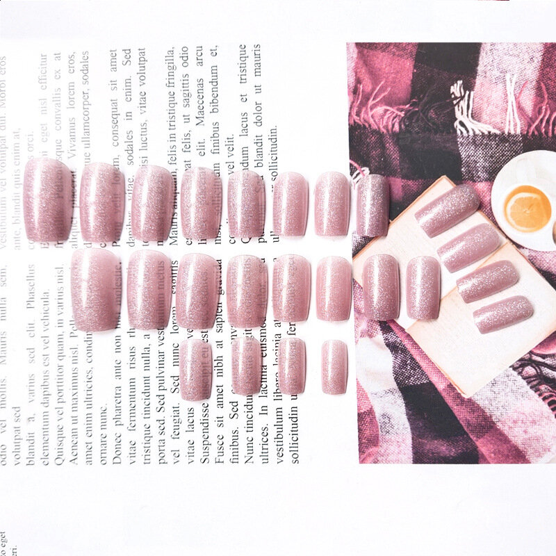 24pcs Aurora unghie finte strass punte per unghie rosa copertura completa unghie finte stampa su unghie con colla decorazione per unghie lunghe