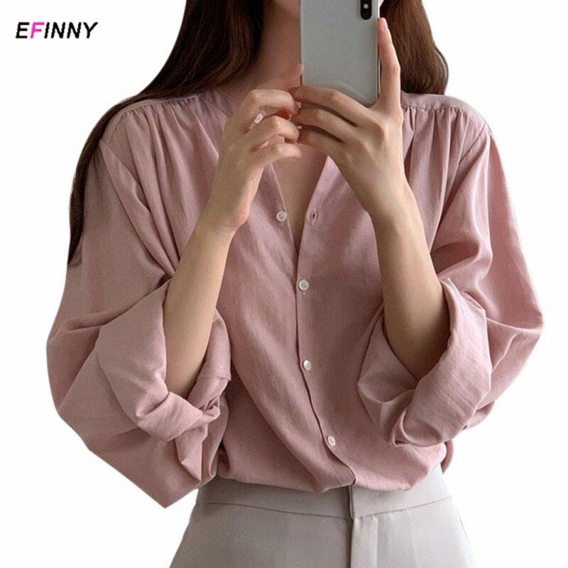 Blusa de manga larga holgada para primavera, camisa rosa para mujer, fino suave, estilo coreano