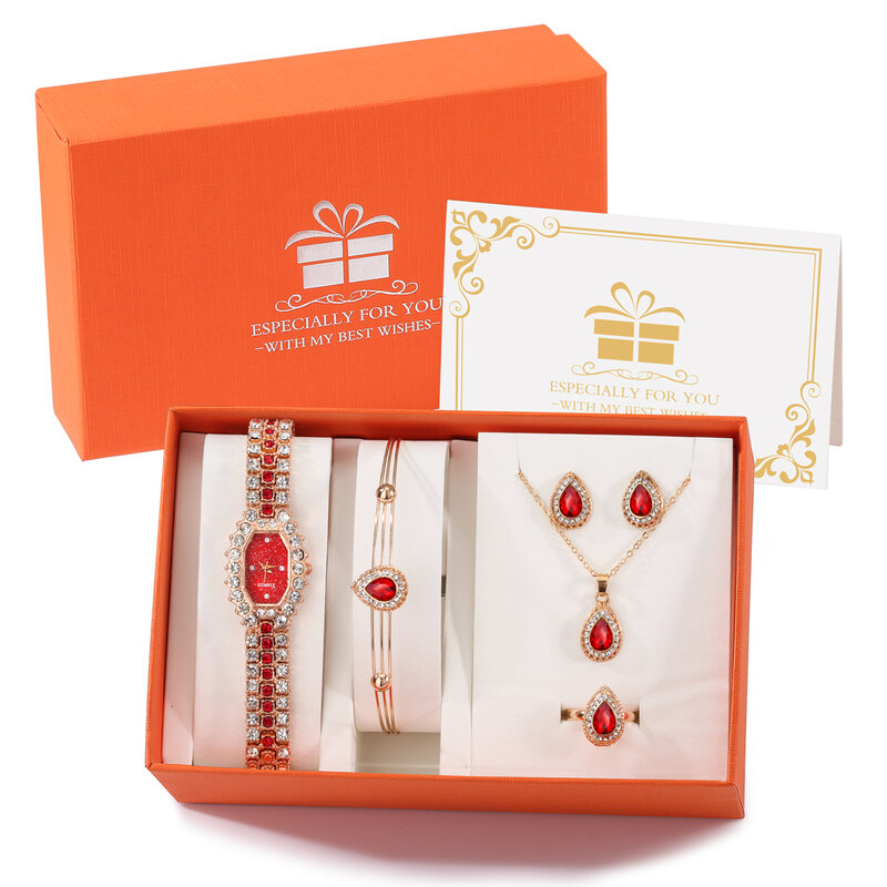 Women Luxury Gift 8PCS Set Diamond Quartz Watch Crystal Bracelet Drop Earrings Gemstone Ring Jewelry Bohemian Ladies Female
