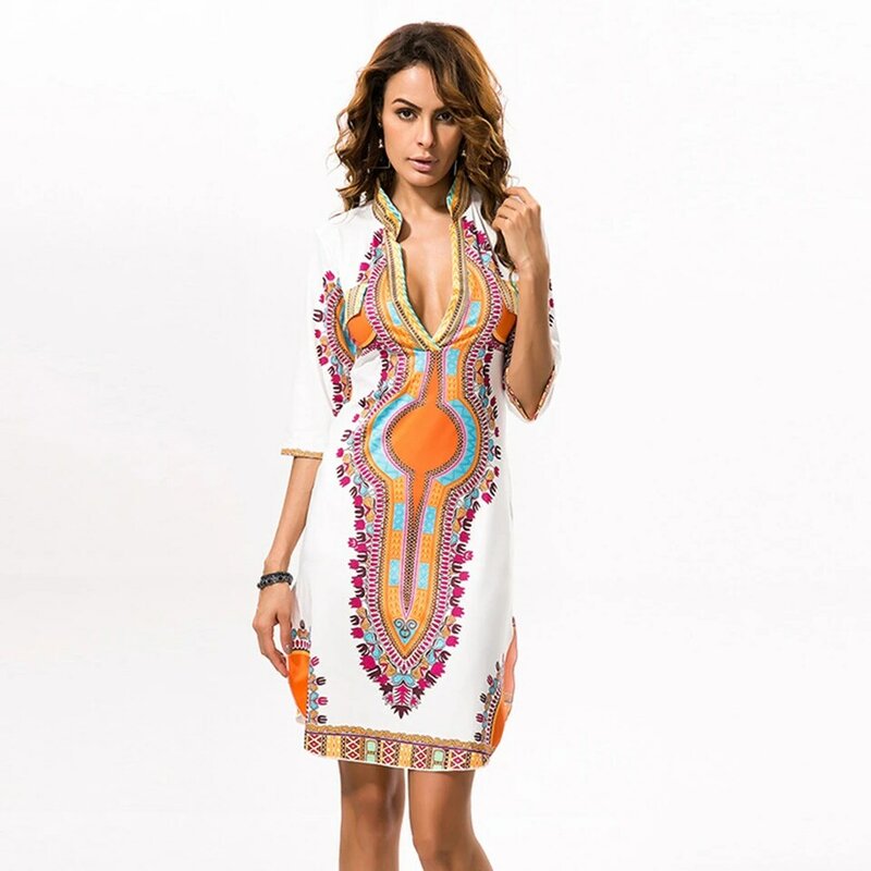 Women Close-fitting national style classic high elasticity printed self-cultivation V-neck dress african clothes JQ-10010