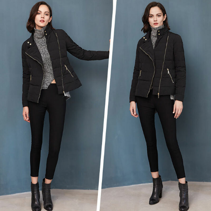 가을과 겨울 스탠드 칼라 지퍼 긴 소매 여성 코트 블랙 슬림 화이트 오리 짧은 여성 다운 재킷