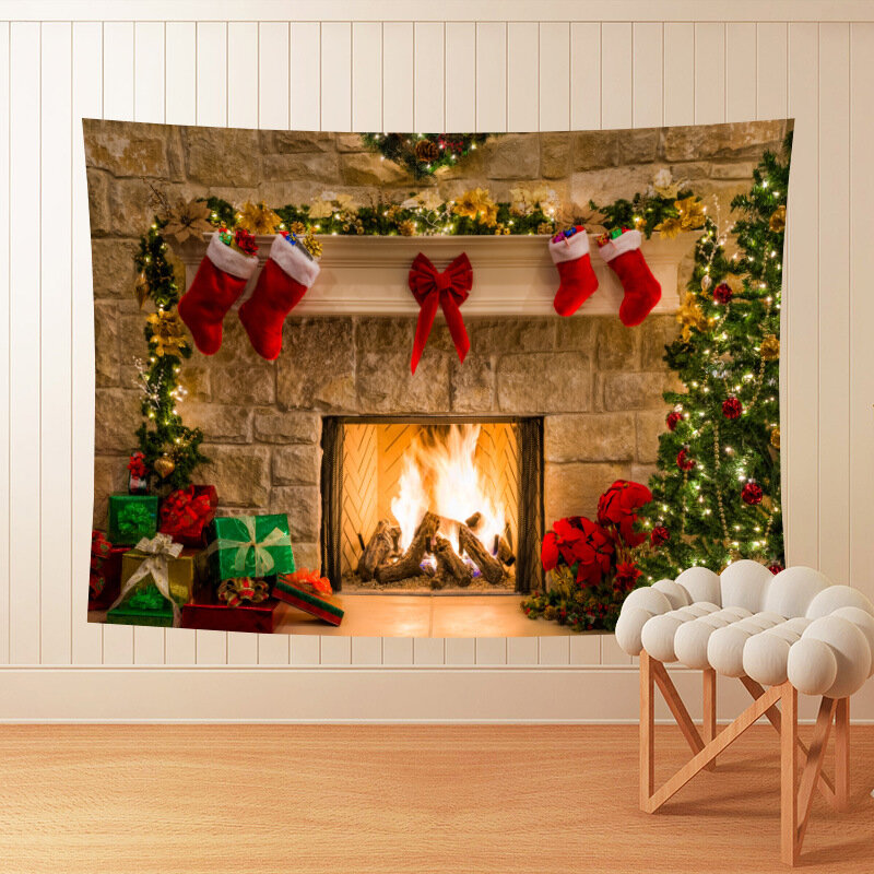 Arazzo natalizio appeso a parete babbo natale camino calzini regali arazzo stampato copriletto cartone animato panno da parete decorazioni per la casa