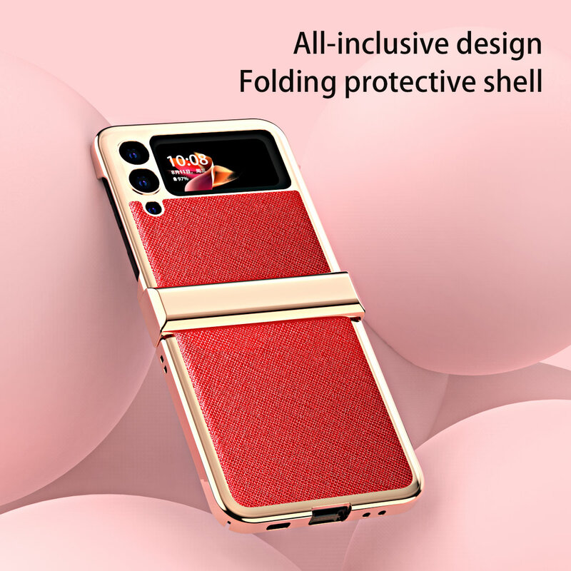 Luxury Electroplating Fold Case For Samsung Galaxy Z Flip 3 Cross Pattern Grain Leather Cases For Samsung Z Flip 3 Full Protect