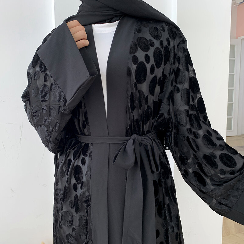 สีดำEid Mubarak KaftanดูไบAbayaตุรกีKimono Cardigan HijabมุสลิมชุดอิสลามAbayasสำหรับผู้หญิงRobe Femme Ete