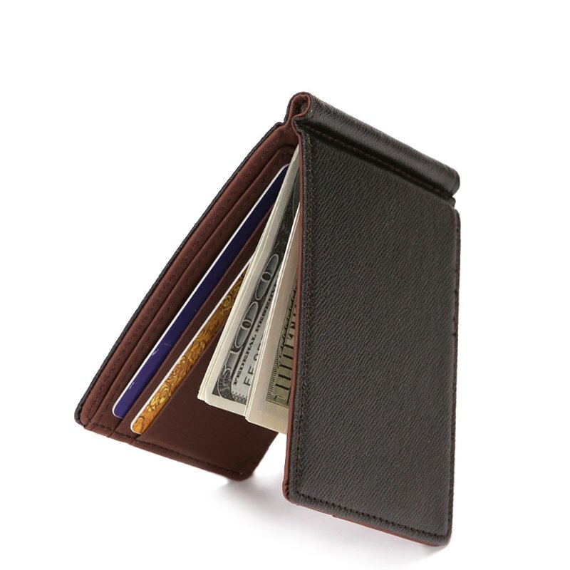 ผู้ชาย Slim Bifold กระเป๋าสตางค์เงินคลิป Mufti-Functional PU หนังบัตรเครดิต Cash ID ผู้ถือ