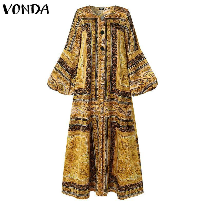 VONDA – Robe de plage Maxi Vintage pour femmes, tenue d'été décontractée à boutons, manches longues, imprimée, grande taille, 2022
