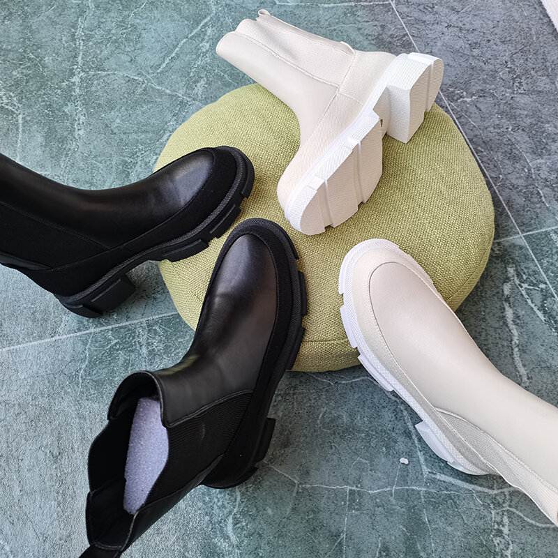 Botas de media caña para mujer, zapatos de piel natural de 22-25,5 CM con costuras de piel de vaca, estilo Chelsea, en 2 colores